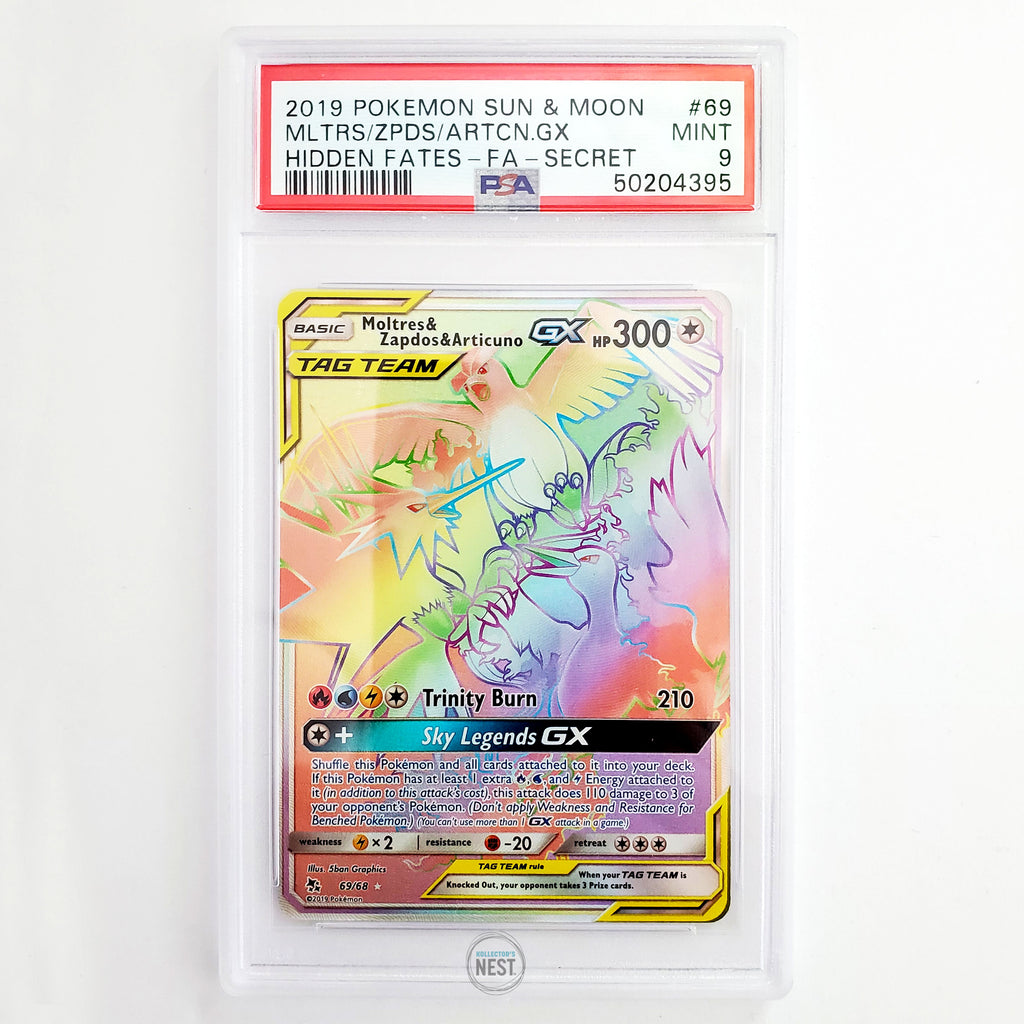 pokemon card moltres zapdos articuno rainbow rare 2019 Moltres, Zapdos, & Articuno GX (Secret) PSA 9 – Kollector's Nest
