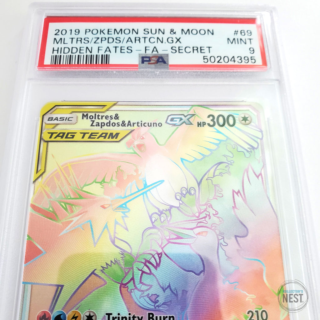 pokemon card moltres zapdos articuno rainbow rare 2019 Moltres, Zapdos, & Articuno GX (Secret) PSA 9 – Kollector's Nest
